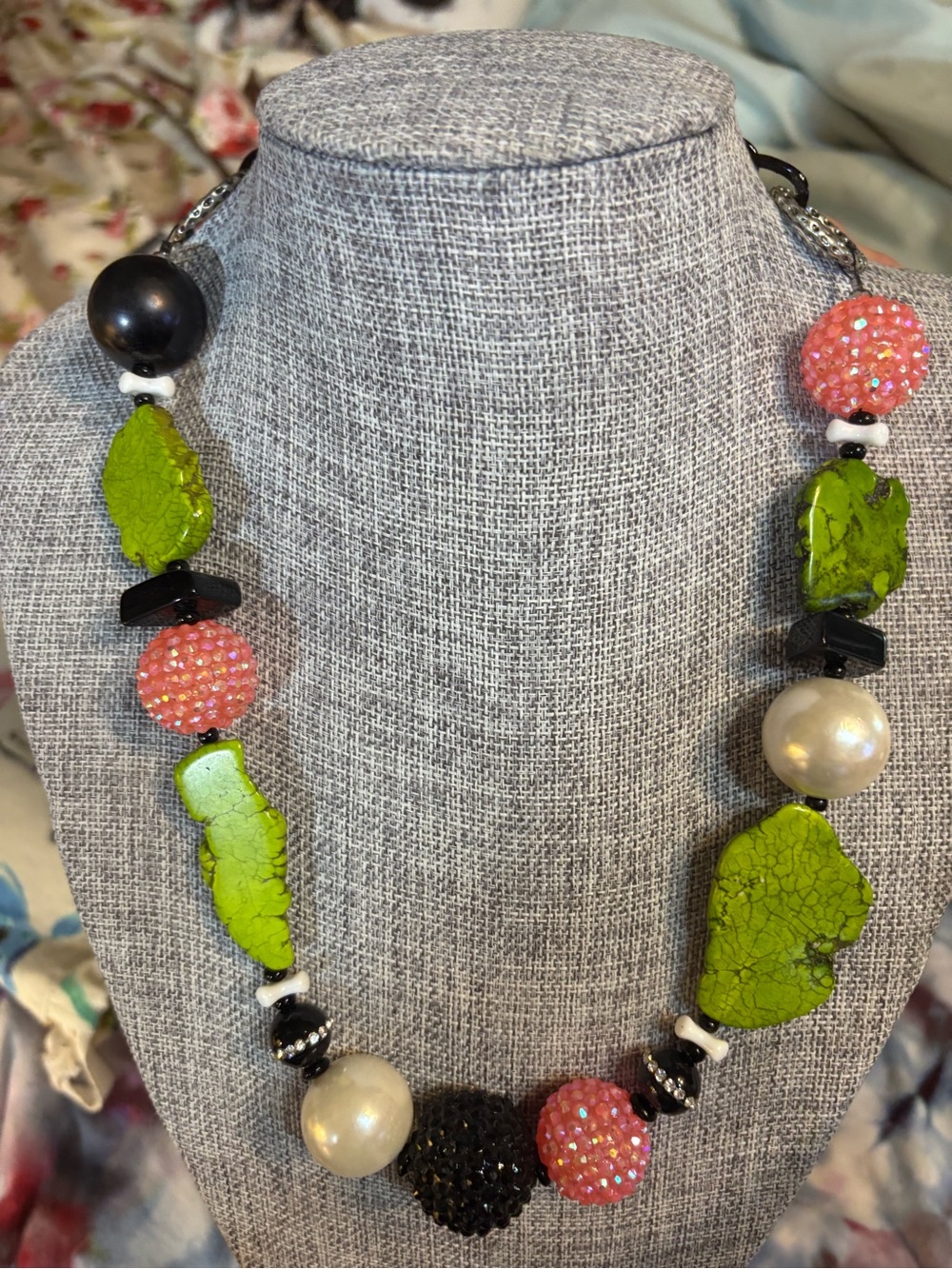 Bold Green and Pink Beaded Statement Necklace - Unbranded